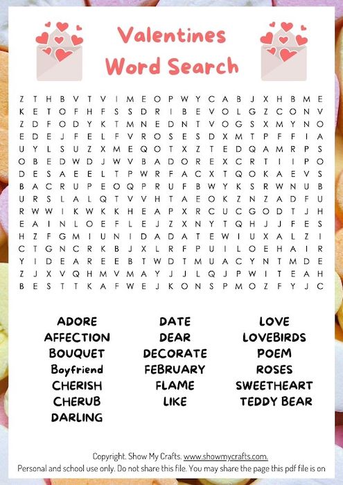 Valentines Word Search free printable