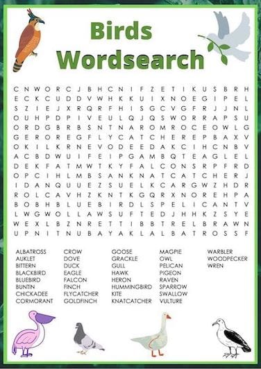 printable birds word search and word scramble word games