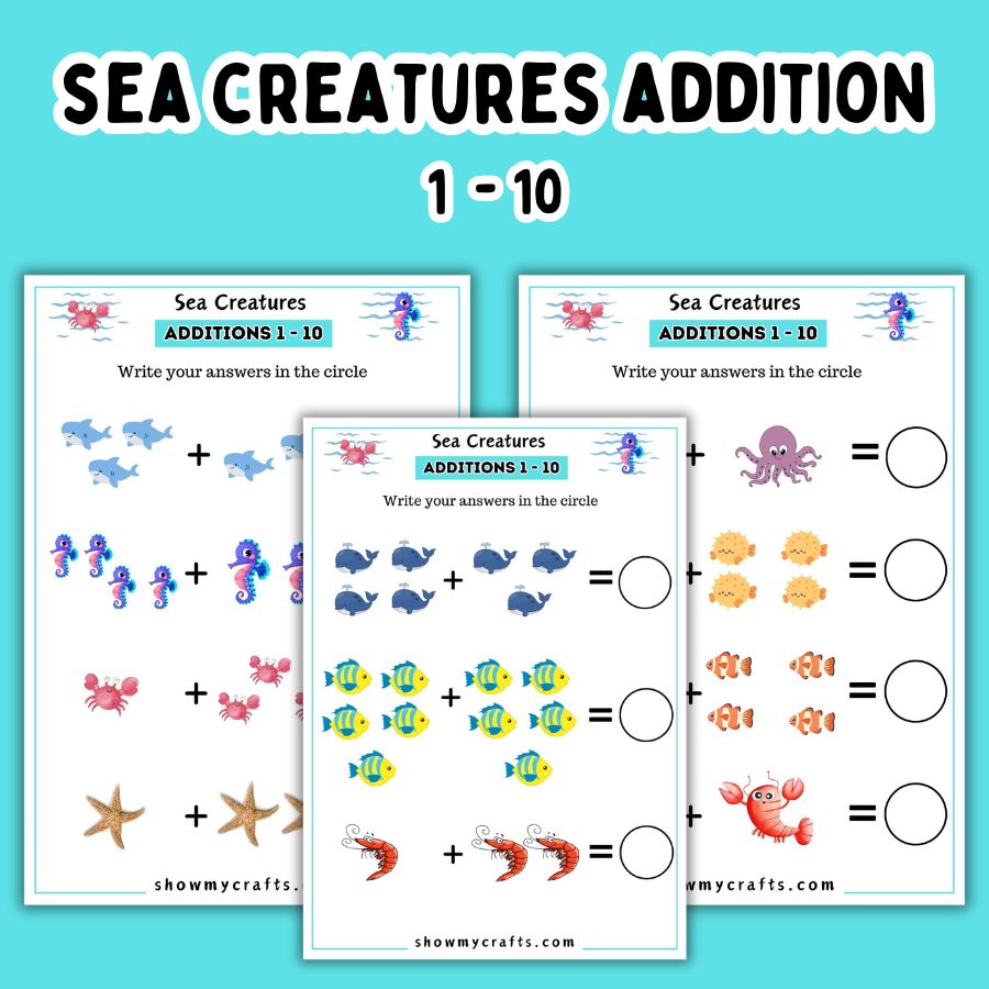 Sea creatures addition worksheets